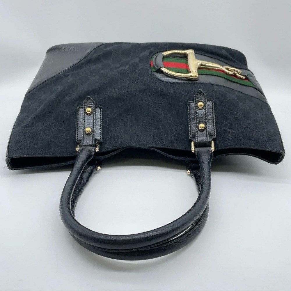 Auth Gucci Horsebit GG Canvas X Leather Sherry Line 137385 Black Tote Bag - Picture 3 of 16